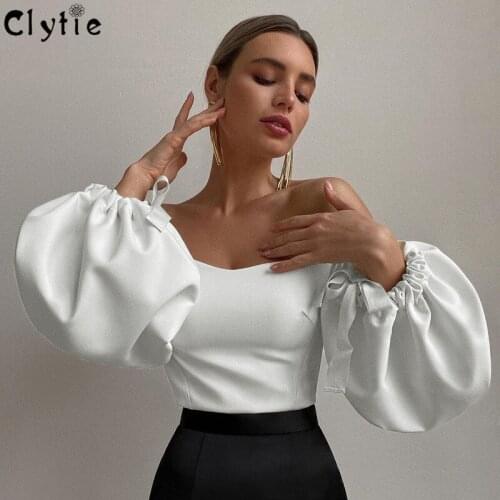 Clytie Off Shoulder Sexy T Shirt For Women Long Sleeve Slash Neck Ladies Clothing Female Puff Sleeve Home Vintage Tops