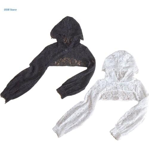 Womens Eyelash Floral Lace Long Sleeve Crop Top Sunscreen Hooded False Collar