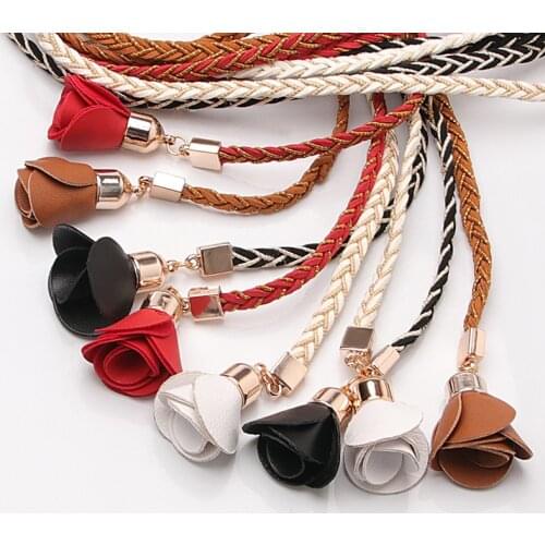 Women Handmade Braided Waistband for Dress Rose Flower Tassel Self-Tie Thin Ceinture Femme Fashion Waist Rope Chain Femme Cinto