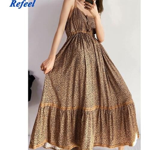 Spring summer women midi dress bohemian sexy sleeveless long leopard dress holiday beach robe femme