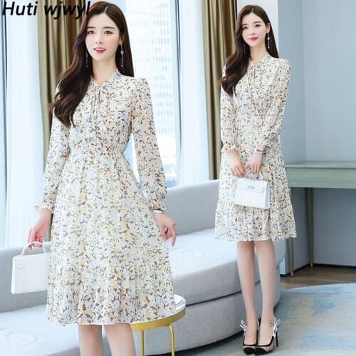 2021 Spring Autumn New Floral Chiffon Boho Beach Dress Vintage Print Casual Sweet Midi Dress Elegant Women Bodycon Party Vestido