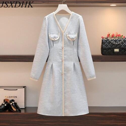 L-4XL Plus Size Women Tweed Loose Dress 2021 New Elegant Autumn Winter V Neck Pearl Button Long Sleeve Office Chic Dress Vestido