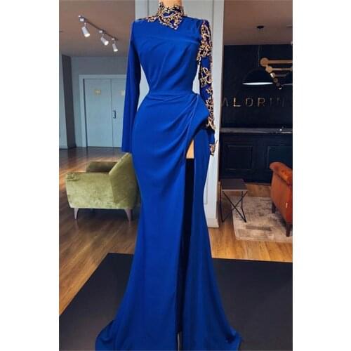 Royal Blue Robe De Soiree Mermaid Long Sleeves Appliques Beaded Slit Sexy Long Prom Dresses Prom Gown Evening Dresses
