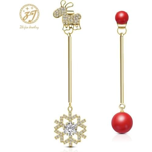 Zhijia new trendy creative asymmetry snowflake&donkey rhinestone red bead stud earrings for women jewelry gifts