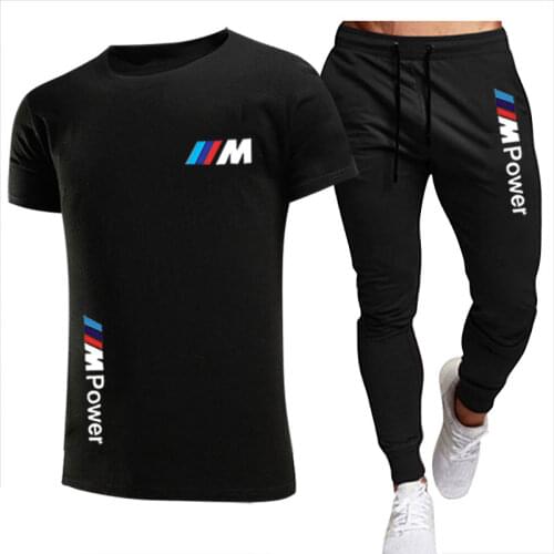 2021 BMW fashion casual sportswear summer letter printing suit mens jogging suit fitness clothes mens T-shirt + pants 2-piece