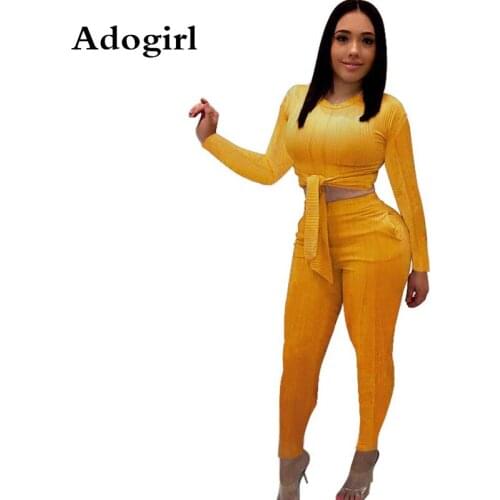 Adogirl Woman Solid Knited 2 Piece Set Fashion O Neck Long Sleeve Crop Top+Bodycon Pants Sweat Suit Matching Sets Plus Size 3XL