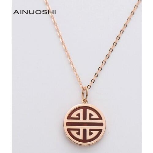 AINUOSHI 18K Rose Gold 0.008ct Real Diamond Red Agate Chinese Palace Style Round Pendant Necklace For Women Wedding Jewelry 18