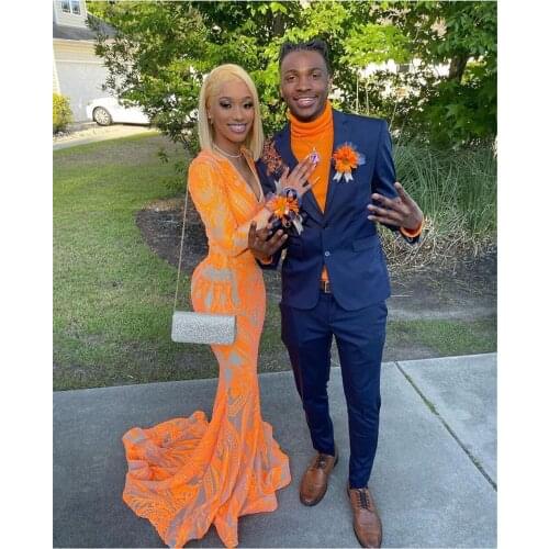 Yellow Sparkling Mermaid Prom Dresses 2021 For Black Girls Long Sleeve Sequined Backless Party Gowns Plus Size Prom Gowns