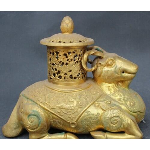 Fast shipping USPS to USA S2146 Old Chinese Dynasty Gold Copper Phoenix Sheep Zun Statue Incense Burner Censer