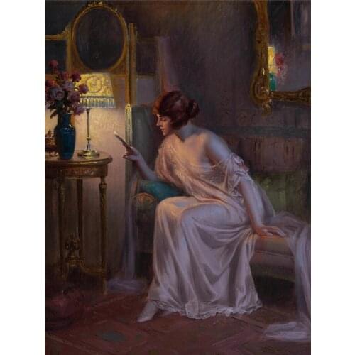 Classical figurative painting canvas portrait art poster picture court portrait painting lady in reading at night home decor
