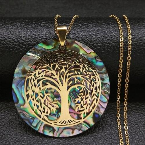 Tree of Life Stainless Steel Abalone Shell Paper Necklace Chain Gold Color Necklaces Round Boho Jewelry collar choker NXS04