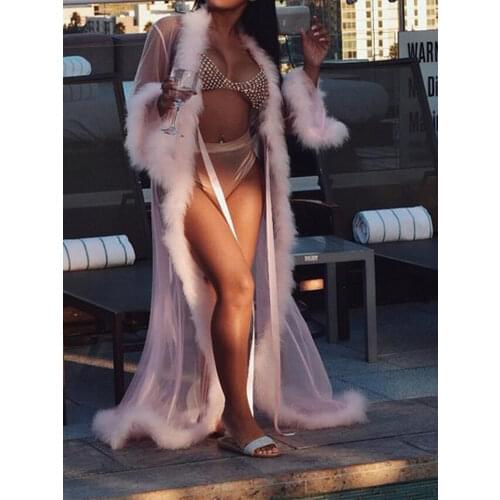 Sweet Pink Mesh Sheer Jackets 2018 New Arrival Fashion V Neck Bow Tie Fluffy Flare Long Sleeve Solid Coat Jacket Female Tops