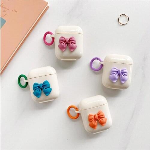 Cute 3D Pink Bow Bownot Earphone Cases for Airpods 2 1 Fashion Girl Soft Silicone Wireless Headphone Cover Funda with KeyChain