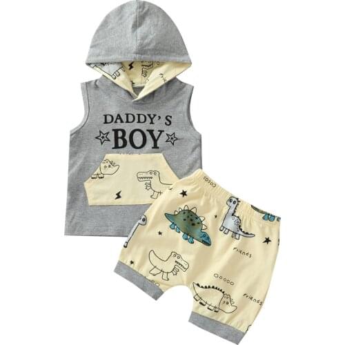 Fashion Boys Dinosaur Print Clothes Set, Sleeveless Hooded Tops with Front Pocket + Short Pants for Summer