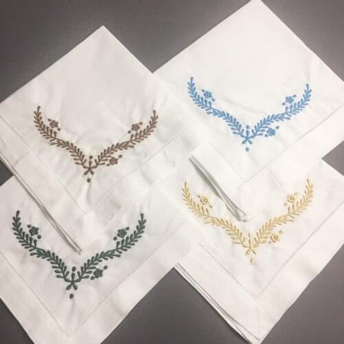 Set of 12 Fashion Ninner Napkins white Hemstitched linen Table Napkin with Dark Brown Color Embroidered Floral 18x18-inch