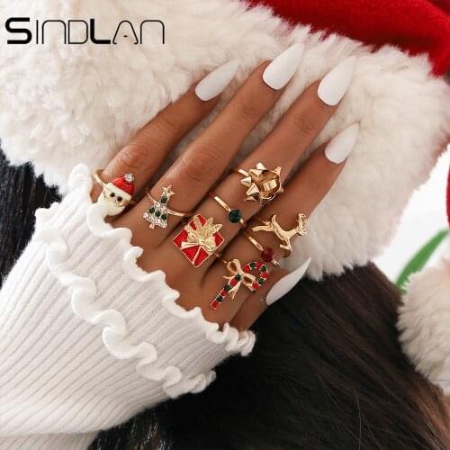 Sindlan 8Pcs Christmas Santa Tree Gold Finger Ring Set for Women Funny Charm Candy Elk Crystal Oil Drop Jewelry Gift To Girls