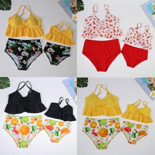 2021 New Mother Daughter Swimwear Sexy High Waist Bikini Mommy and Kids Ruffle Swimsuit Mom Parent Child Monokini Bathing Suit