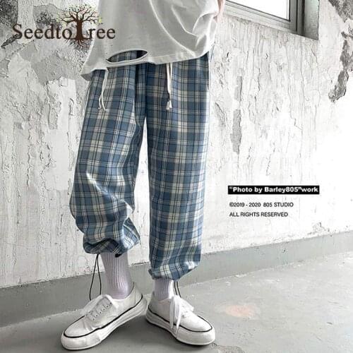Mens Casual Pants Korean Fashion Pants Loose Feet Chic Trend Retro Plaid Pants Straight Overalls