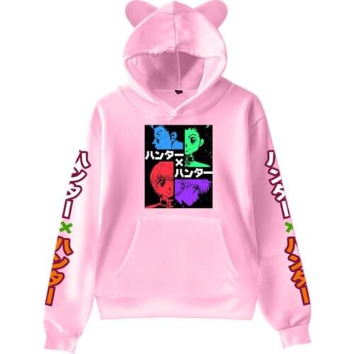 Popular Anime Hunter X Hunter Hoodie Sweatshirt Kids Kawaii Cat Ears Hoodies Boys Girls Cartoon Streetwear Pink Pullovers