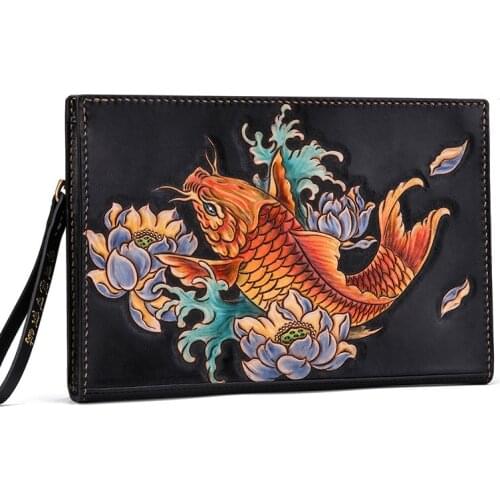 Handmade Men Vegetable Tanned Leather Carvings Carp Bag Money Holder Clutch Purse Cigarette Pocket Man Clutches Envelope