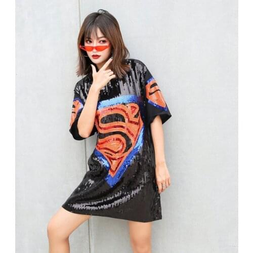 TREND-Setter 2018 Summer Harakuju Supermen Sequins T Shirt Women Loose Casual T-Shirt White and Black Tee Ladies