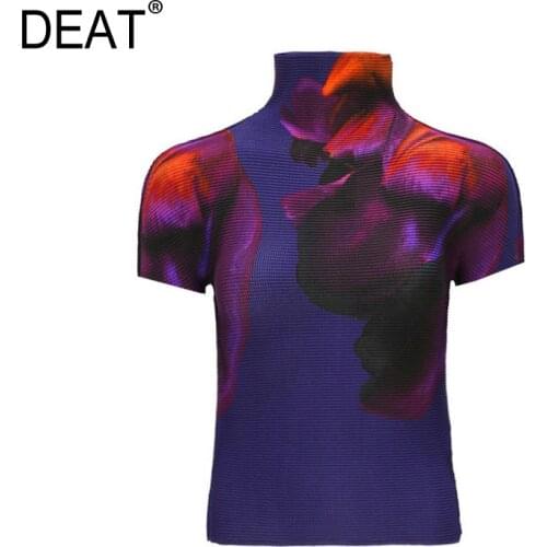 DEAT Pleated T Shirts Woman Print Stand Collar Short Sleeve Pullover Fit High Elastic Wild Casual Style 2021 New Summer 15HT097