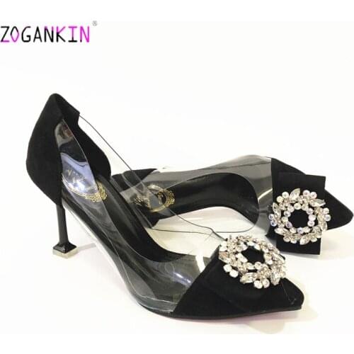 Women Pointed Toe Spike Heels Crystal Black with Transparent Shoes High Heels Pumps 9CM Party Wedding Shoes with Rhinestone