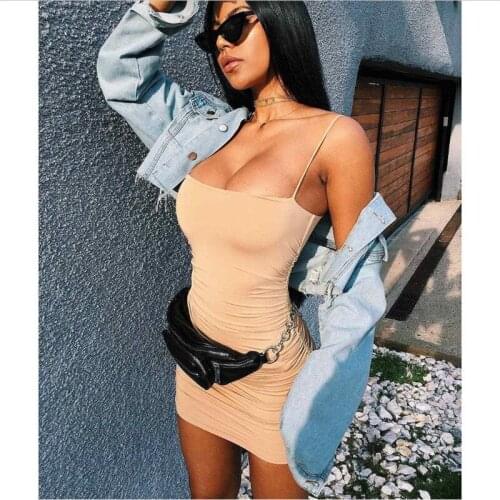 2019 Summer Solid Women Sling Bodycon Dress Sleeveless Spaghetti Strap Milk Silk Sheath Dress Fashion Ladies Low-cut Mini Dress