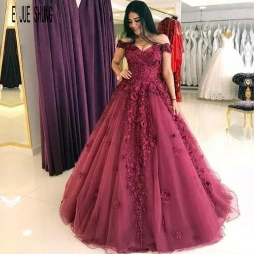 E JUE SHUNG Sweet Princess Burgundy Wedding Dresses Off Shoulder Flowers Appliques Lace Up Back Wedding Gowns robe de mariee