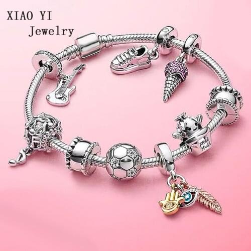 2020 new 100% s925 Spring eye cactus soccer guitar ice cream feather shoe bee high quality fashion bracelet jewelry female