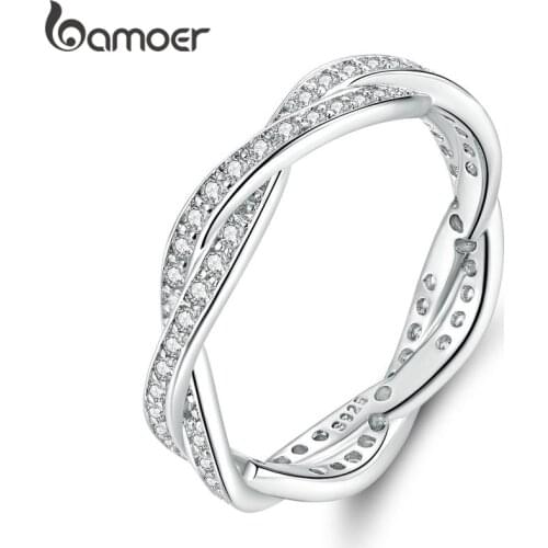 Bamoer 3 STYLE BRAIDED PAVE LEAVES My Princess Queen Crown SILVER Color RING Twist Of Fate Stackable Ring PA7222