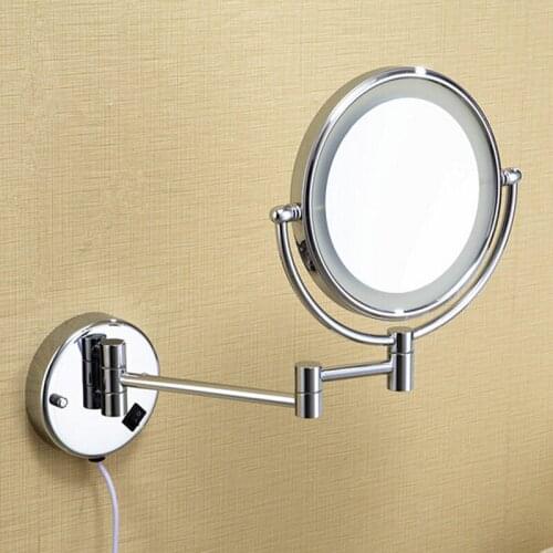 Free shipping LED light makeup mirrors 8" round dual sides 3X /1X mirrors dual arm extend cosmetic wall mount magnifying mirror