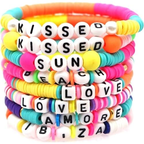 New Women Polymer Clay Letter Ethnic Handmade Bohemian Multi-Color Beads Bracelet Summer Beach Jewelry Apparel Accessories Gift