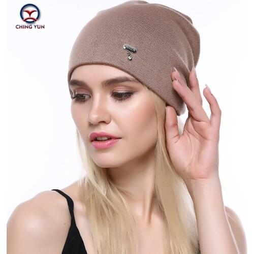 CHINGYUN Women Cashmere knit hat new soft Autumn Winter Warm Metal decoration High Quality Female Solid Color Knitted Hat B19-18