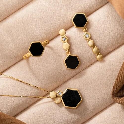 Designer original geometric honeycomb inlaid black agate jewelry set Chinese retro light luxury charm womens anniversary gift