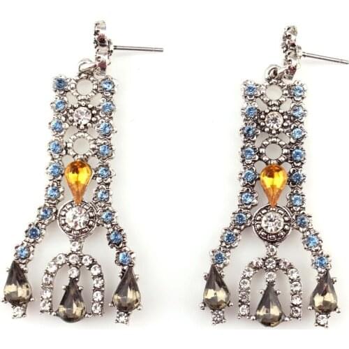 Crystal Flower Shaped Long Gold Color Statement Earrings for Women Wedding Earring Christmas Gifts