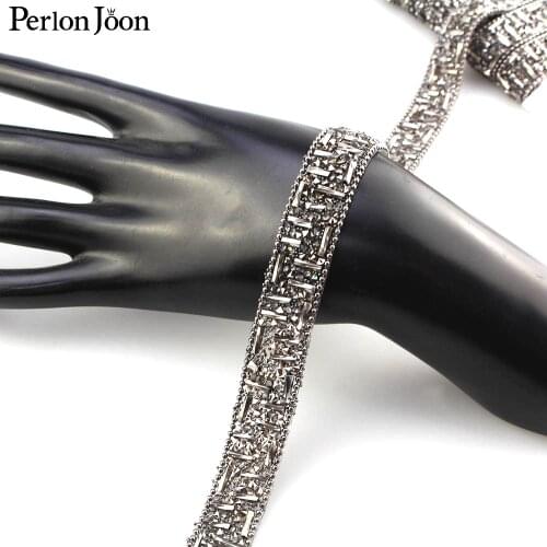 1 yard 1.5cm Wide Gun Black gue Rhinestone Tape Hot Crystal Webbing trim Geometric Design Clothing Decoration Accessories TR057