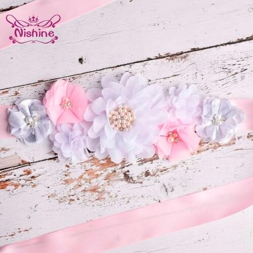 Lovely Pink Hand Sewing Waistband Chiffon Flower Maternity Belt Bridal Wedding Dress Sash Party Decoration Accessories for Women