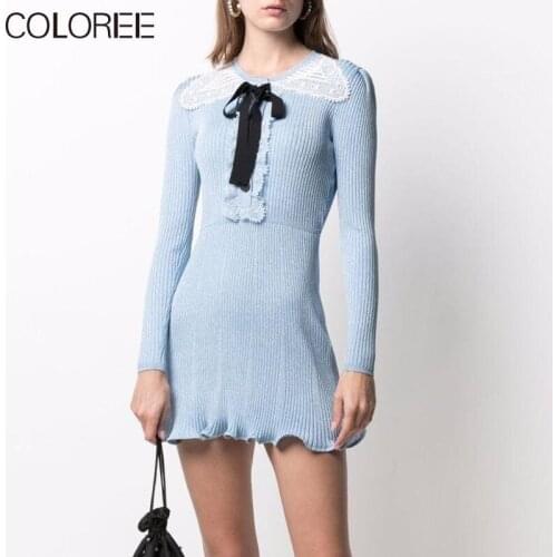 Runway Designers Elegant Bow Lace Patchwork Knitted Sweater Dress 2021 Autumn Winter Vintage Ruffles Long Sleeve Mini Dress
