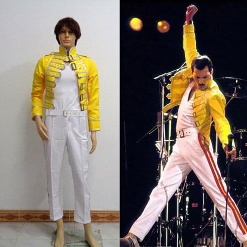 Queen Lead Vocals Freddie Mercury Men Yellow Jacket Coat White Pant Cosplay Costume Halloween Uniform Custom Made Any Size