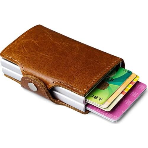Men Genuine Leather double Metal Credit Card Holder Aluminium RFID Blocking Wallet Hasp Mini Vintage Wallet Hold Cards