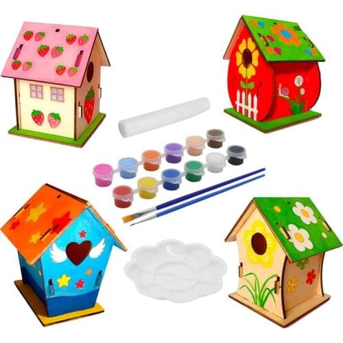 Childrens Bird House Kit, 4 Pieces DIY Birdhouse for Painting Kit, Birdhouse Pigment Painting Unfinished Set