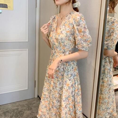New Summer clothes Fashion Little Daisy Floral short sleeve Chiffon dress Women Chic Korean dresses ladies