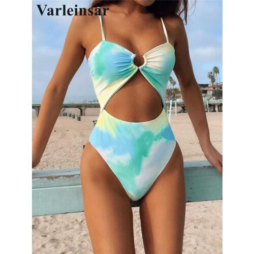 2021 New Sexy Tie Dye Tummy Cut Out Women Swimwear One Piece Swimsuit Female Padded Bather Bathing Suit Swim Lady Monokini V2902