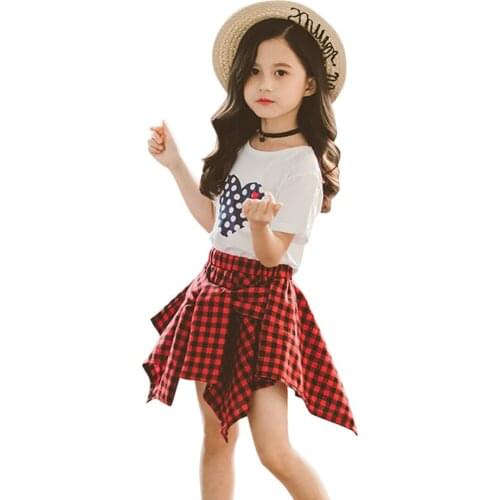 Teen Girls Clothing Plaid Pattern Girls Outfits Dot Heart Tshirt + Skirt Children Clothes Girl Summer Childrens Clothing