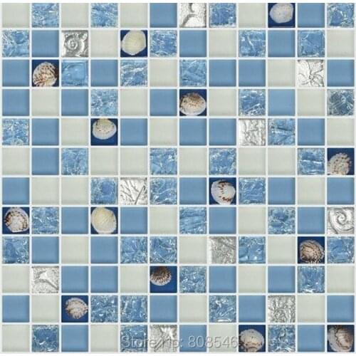 Sky blue color crystal glass mixed sea shell mosaic for kitchen backsplash tile bathroom shower hallway wall mosaic