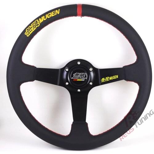 Universal 350mm 14inch Deep Real Leather Mugen Racing Car Drifting Drift Race Sport Steering Wheel