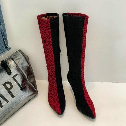 2020 Leopard Women Knee High Boots Fashion Pointed Toe Thin Heel Women Long Boots Mixed Color Zipper Women Booties Big Size