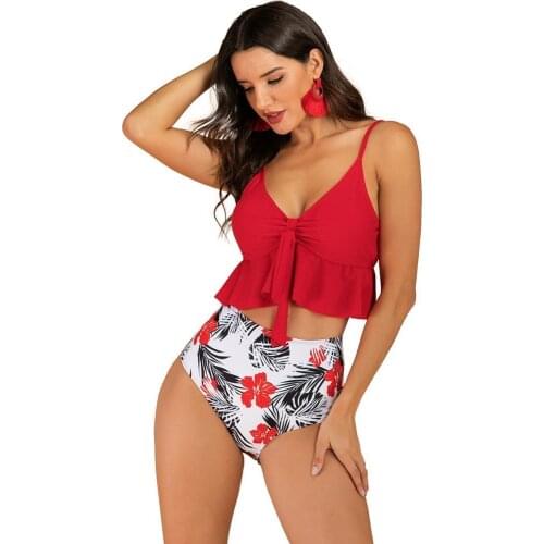 Women Padded Ruffled Hem Bra High Waist Floral Print Briefs Bikini Swimsuit