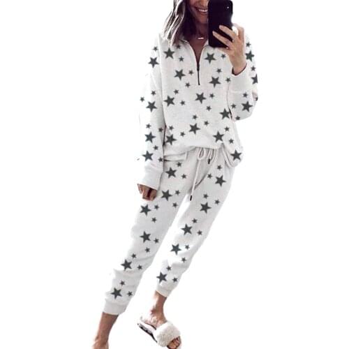 Women Two Piece Pajamas Set Long Sleeve Sweatshirt with Long Pants Sleepwear Star Print Zipper Collar Long Sleeve Top Jogger